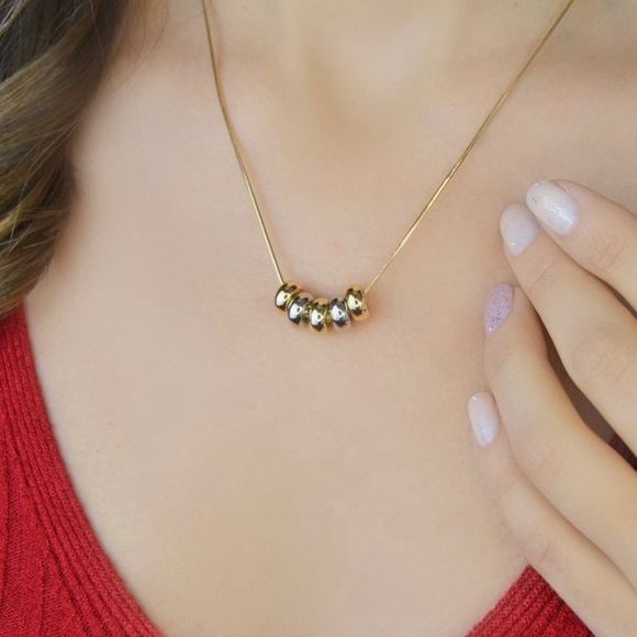 Five Beads 14k Gold Chain -Gold Silver Rose Gold Color Bead Luxury Necklace - Picture 4 of 10